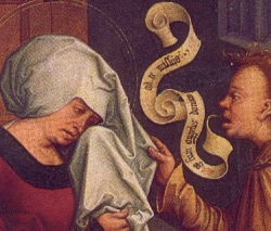 Bernhard Strigel - 1506: Painting showing ribbon-like speech object leaving the mouth of a speaker.