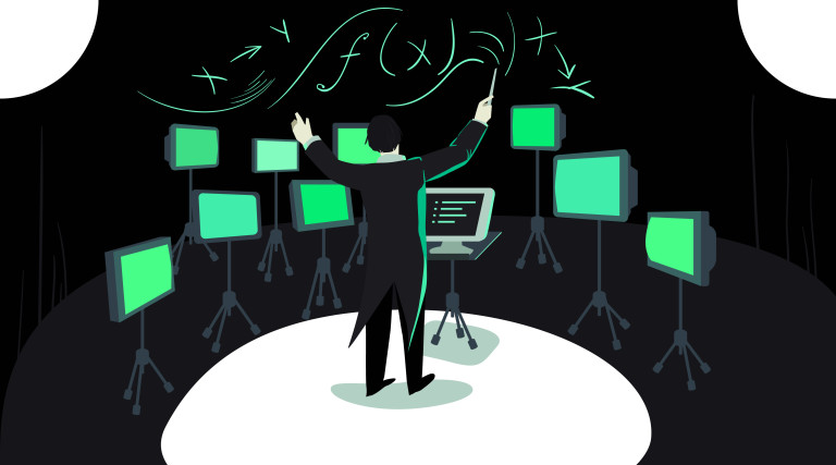 Image of a conductor in front of glowing screens of code