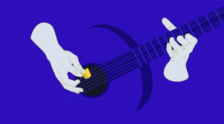 Hands playing guitar with a JS logo plectrum