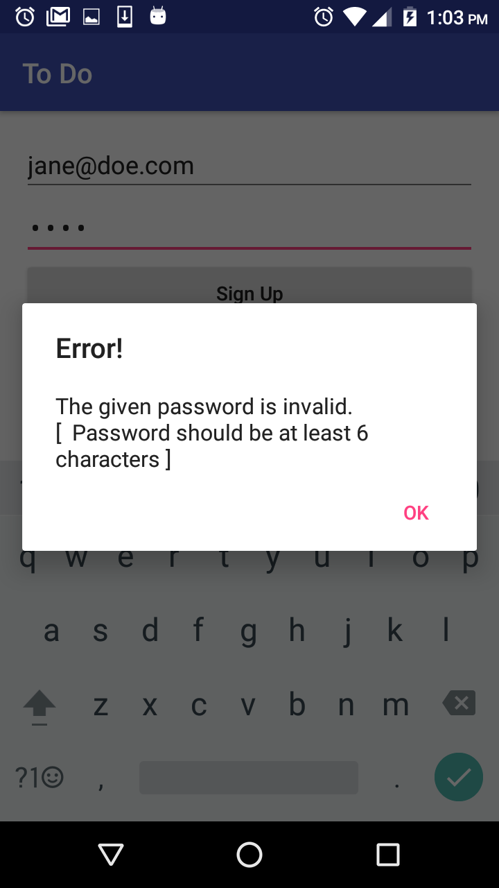 Firebase Signup Error - Short Password