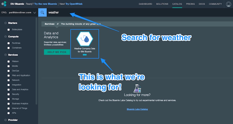 Finding the weather service in Bluemix