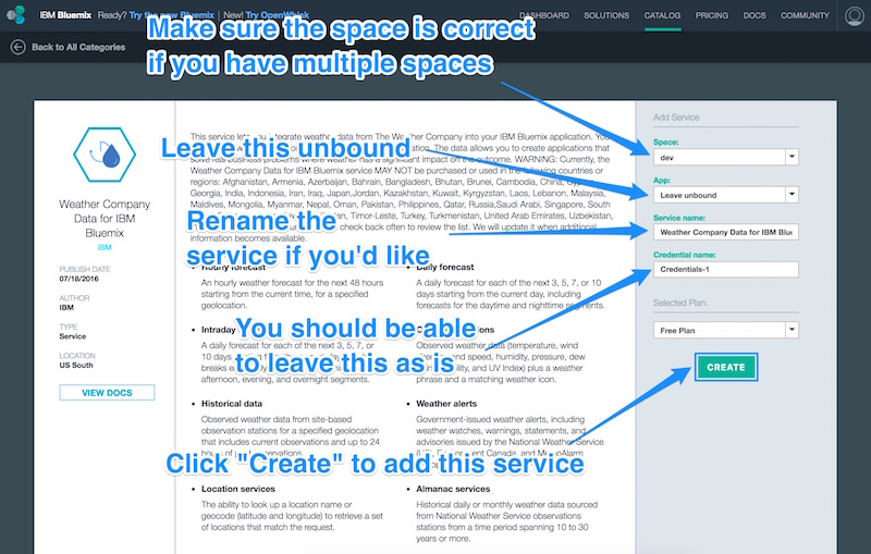 Creating our weather service in Bluemix