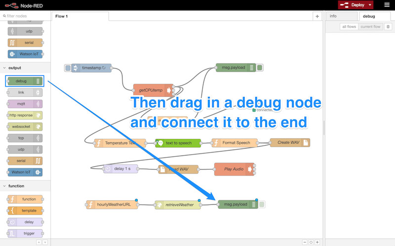 Dragging in a debug node and connecting it up