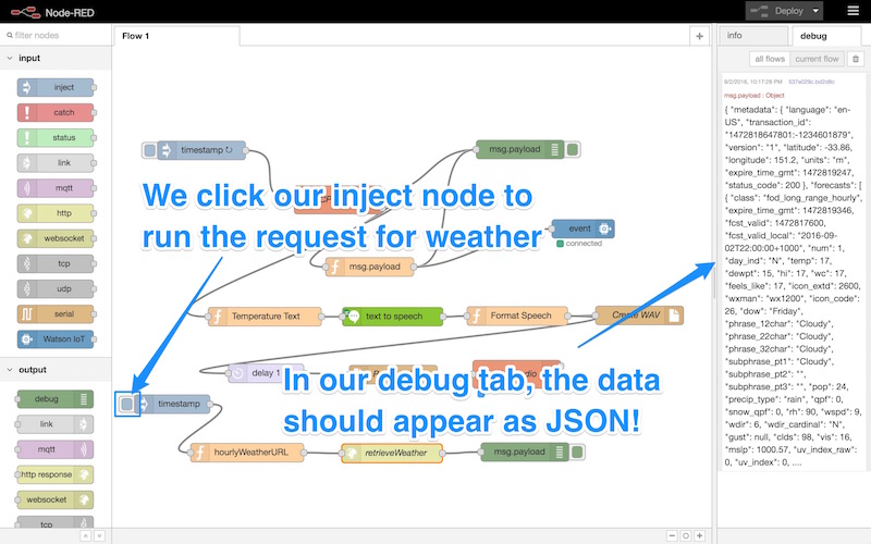 Starting to run our flow using the debug node