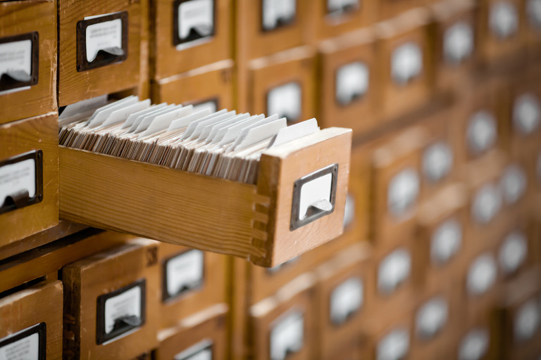 Open drawer full of library index cards