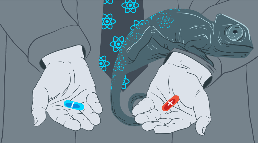 Hands holding a red pill and a blue pill, with a chameleon on one arm. 