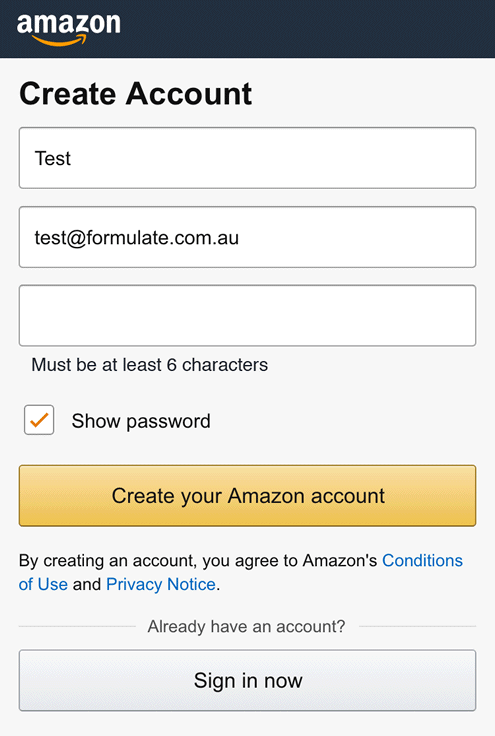 Amazon reveal your password below the masked password field.