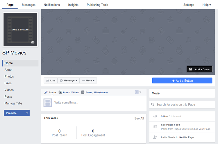 screenshot of the newly created Facebook page