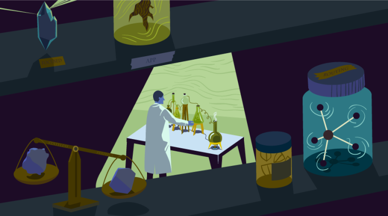 A scientist with various flasks and jars