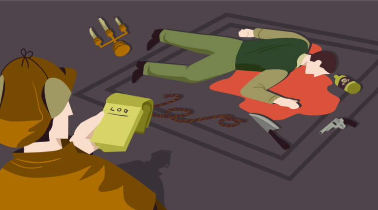Detective makes notes while standing over a dead body surrounded by potential murder weapons