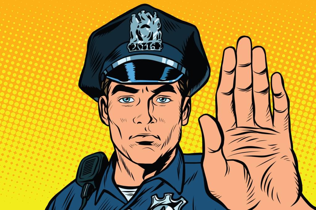 Policeman illustration holding up an open palm towards the viewport as if to say 'stop'