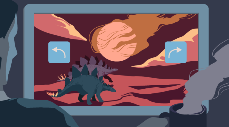 A monitor with two dinosaurs, a rapidly approaching meteor and undo/redo buttons
