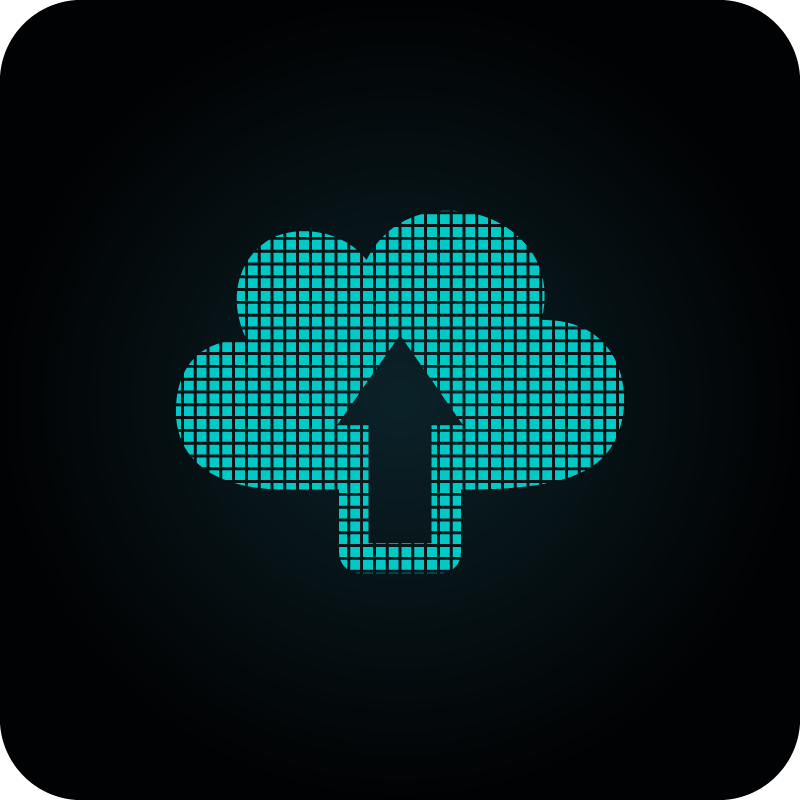 Abstract image symbolizing upload - a cloud shape made from glowing teal pixels, and in front of it, or inside it, an arrow pointing upwards
