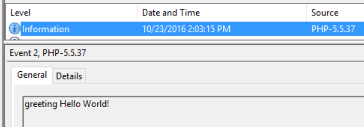 "Hello World!" message seen in the Event Viewer