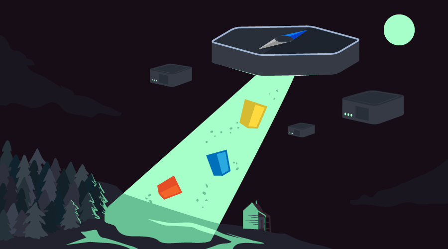 An NW.js UFO ship picking up JS,CSS and HTML logos, with device shaped UFOs hovering in the background