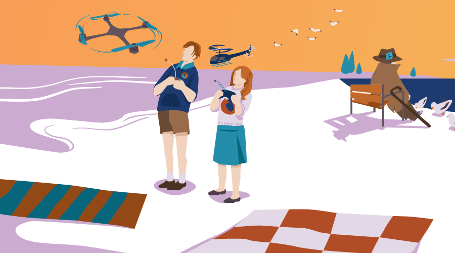 An illustration of a boy and girl with Chrome and Firefox logos playing with new technology at the park while an old man with an IE logo feeds ducks