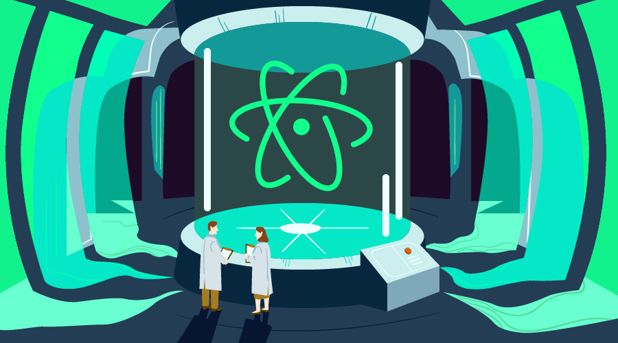 Two scientists assessing a giant Atom logo in the lab