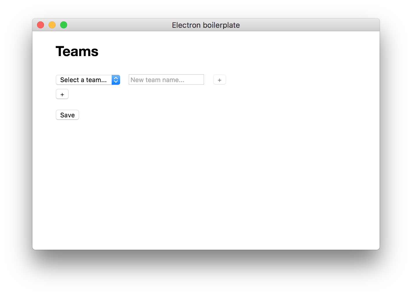 The team management screen, with options to select or add a team