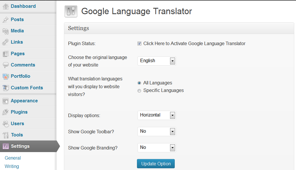 Google language translator