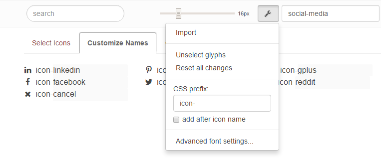 Finding the CSS prefix option in Fontello