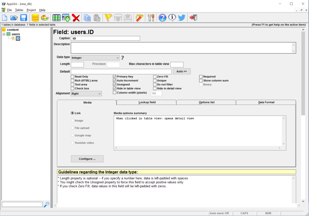 User table with ID field