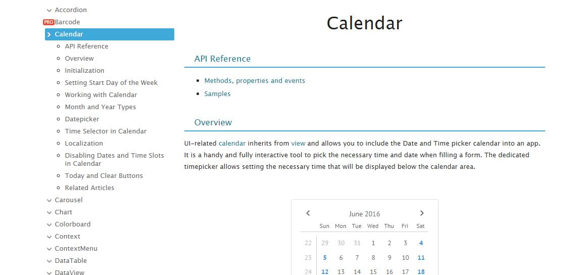 API documentation for the Webix Calendar control