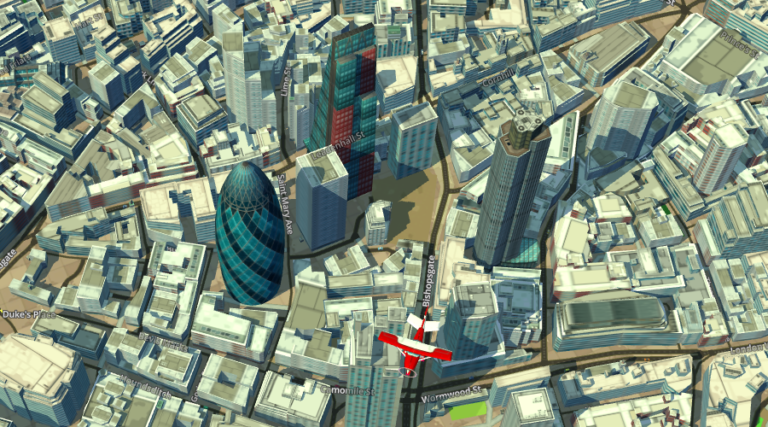 3D map view of London's Gherkin building. 3D maps with eegeo.js