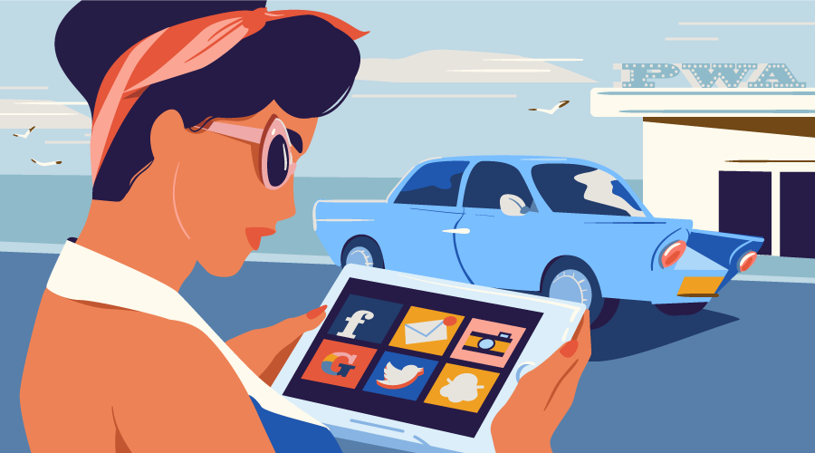 Woman in a 1950s, retro scene looking at a tablet with Progressive Web App icons