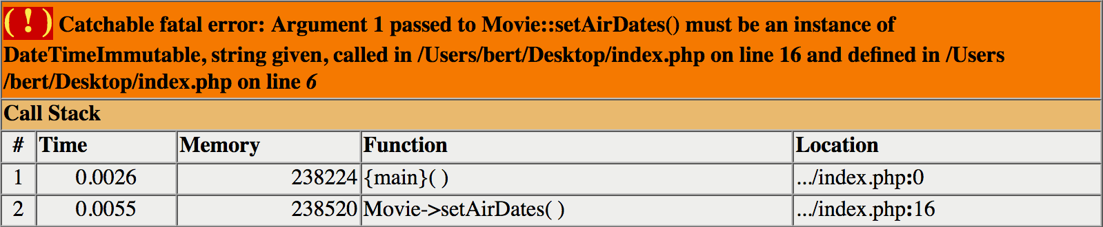 Catchable fatal error: Argument 1 passed to Movie::setAirDates() must be an instance of DateTimeImmutable, string given.