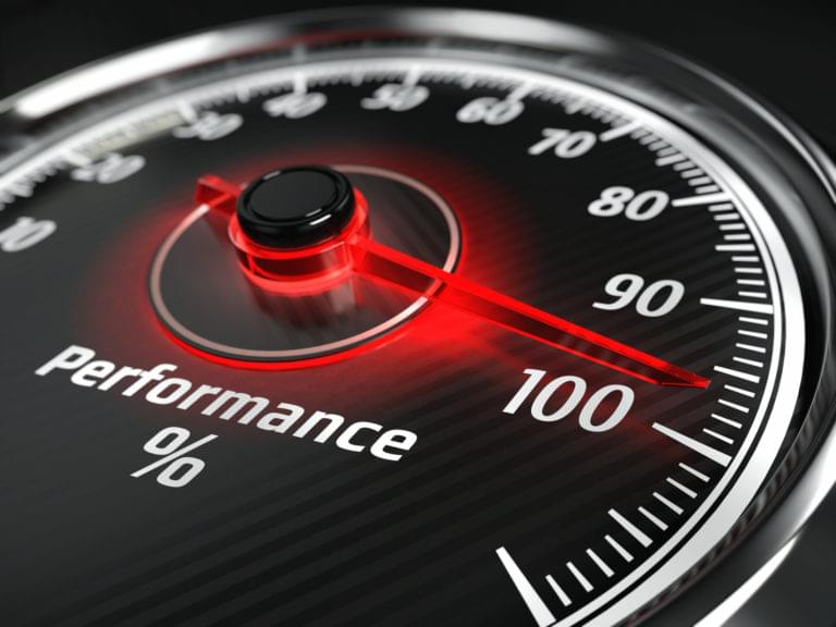 Performance meter with arrow on 100%. Performance benchmark.