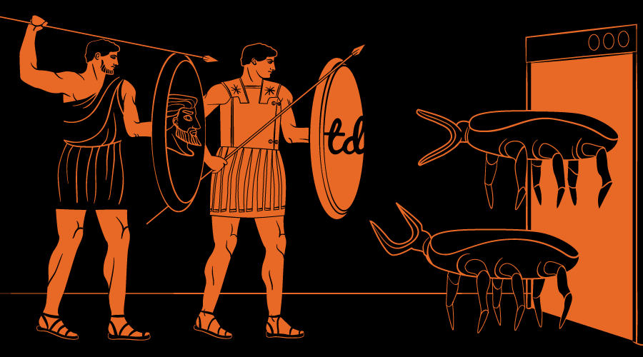 Two Greek warriors with shields battle bugs