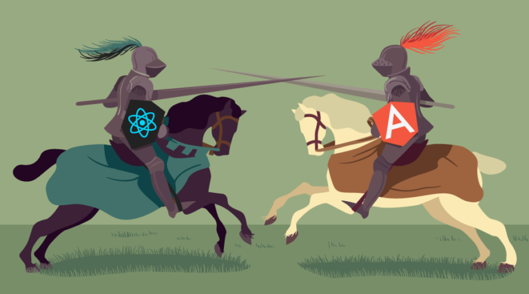Two knights jousting, with Angular and React logos on their shields