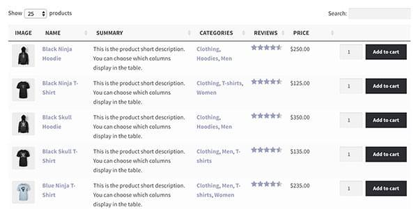 WooCommerce Product Tables