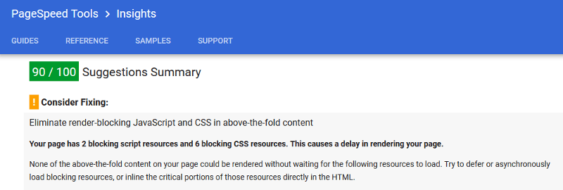 Message from Google Page Speed Insights about render blocking CSS.