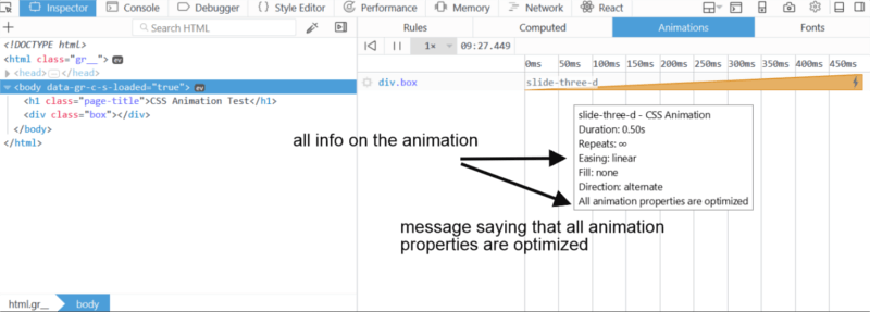 Animation panel in the Inspector of Firefox Developer Tools.