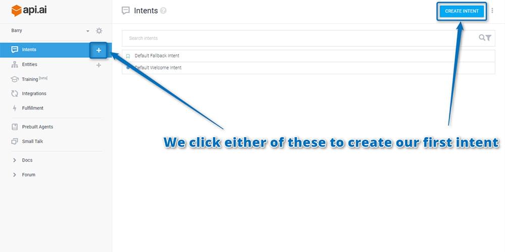 Creating a new intent in Api.ai