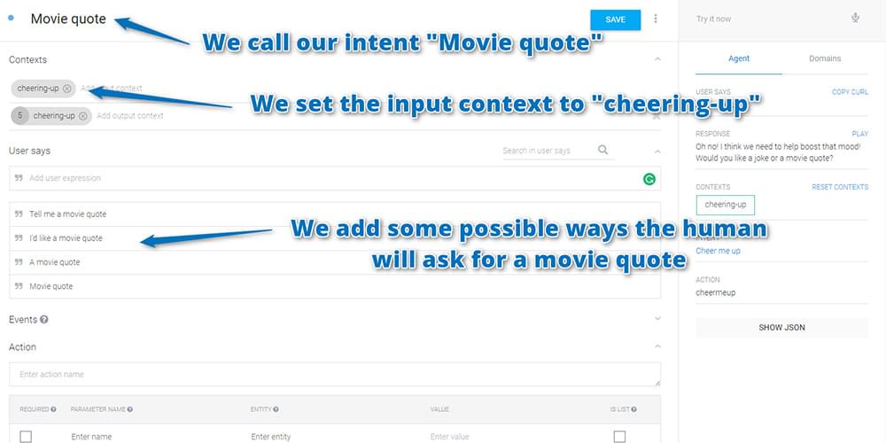 Your custom movie quote intent