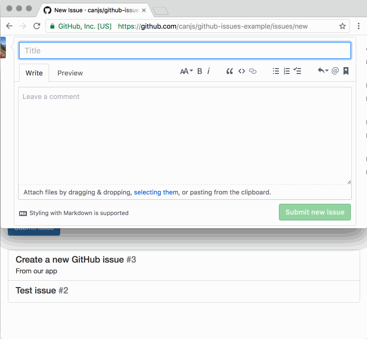 Gif of adding an issue on GitHub.com and the issue showing up in our example app