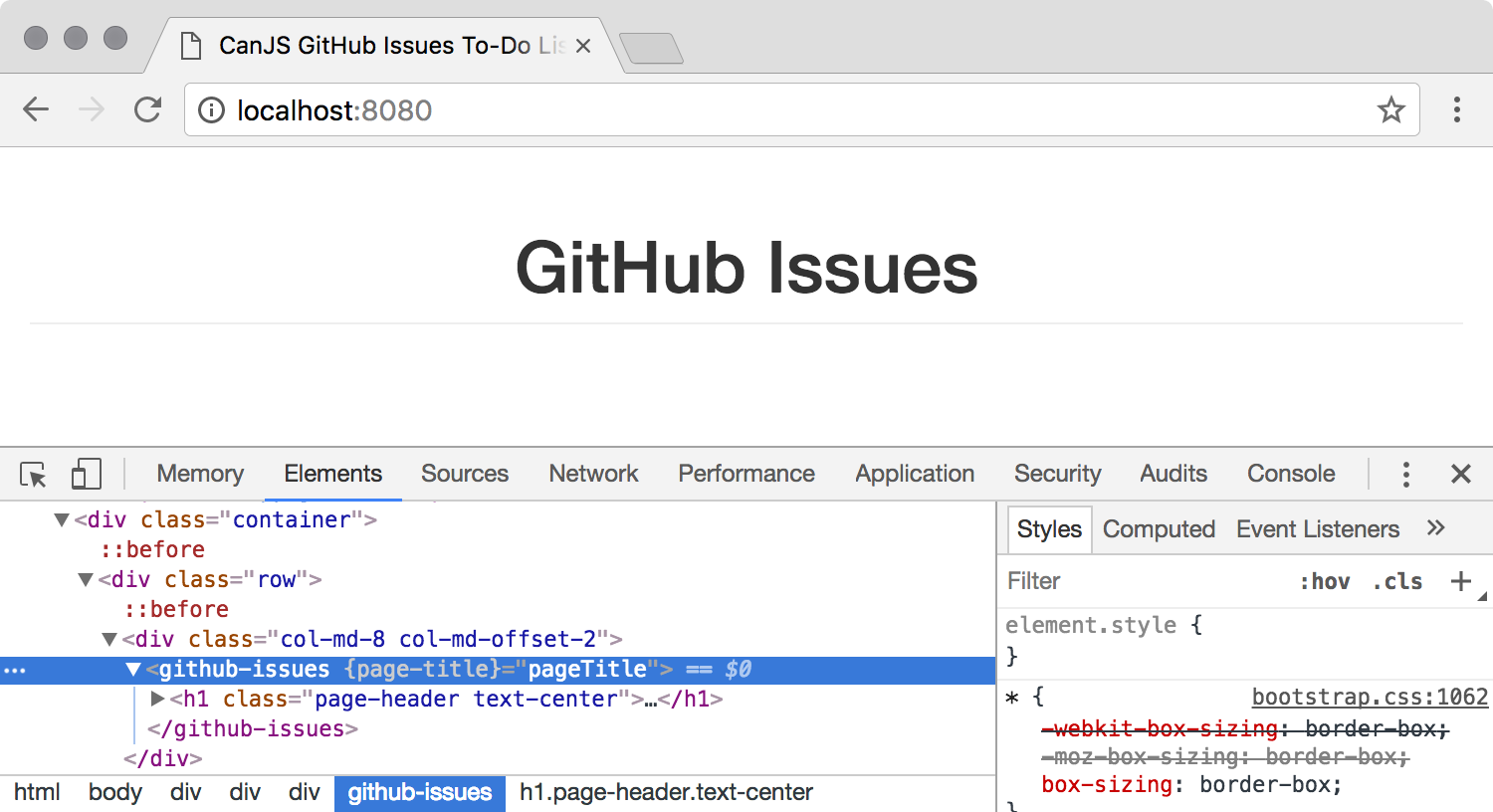 Screenshot of the DOM with the github-issues custom element