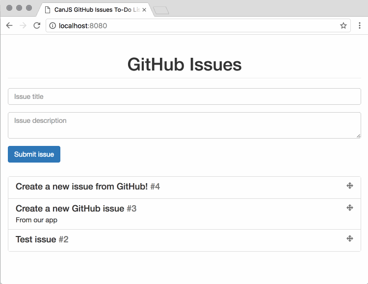 Gif of adding issues and sorting them in our example app