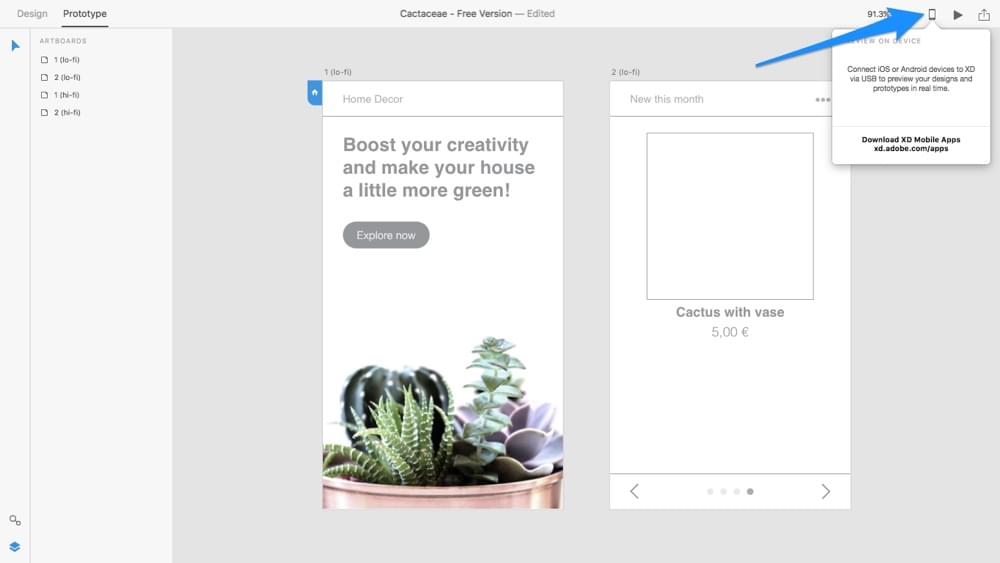 Testing prototypes with Adobe XD Device Preview