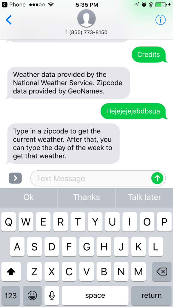 Image of iPhone SMS app with weather help