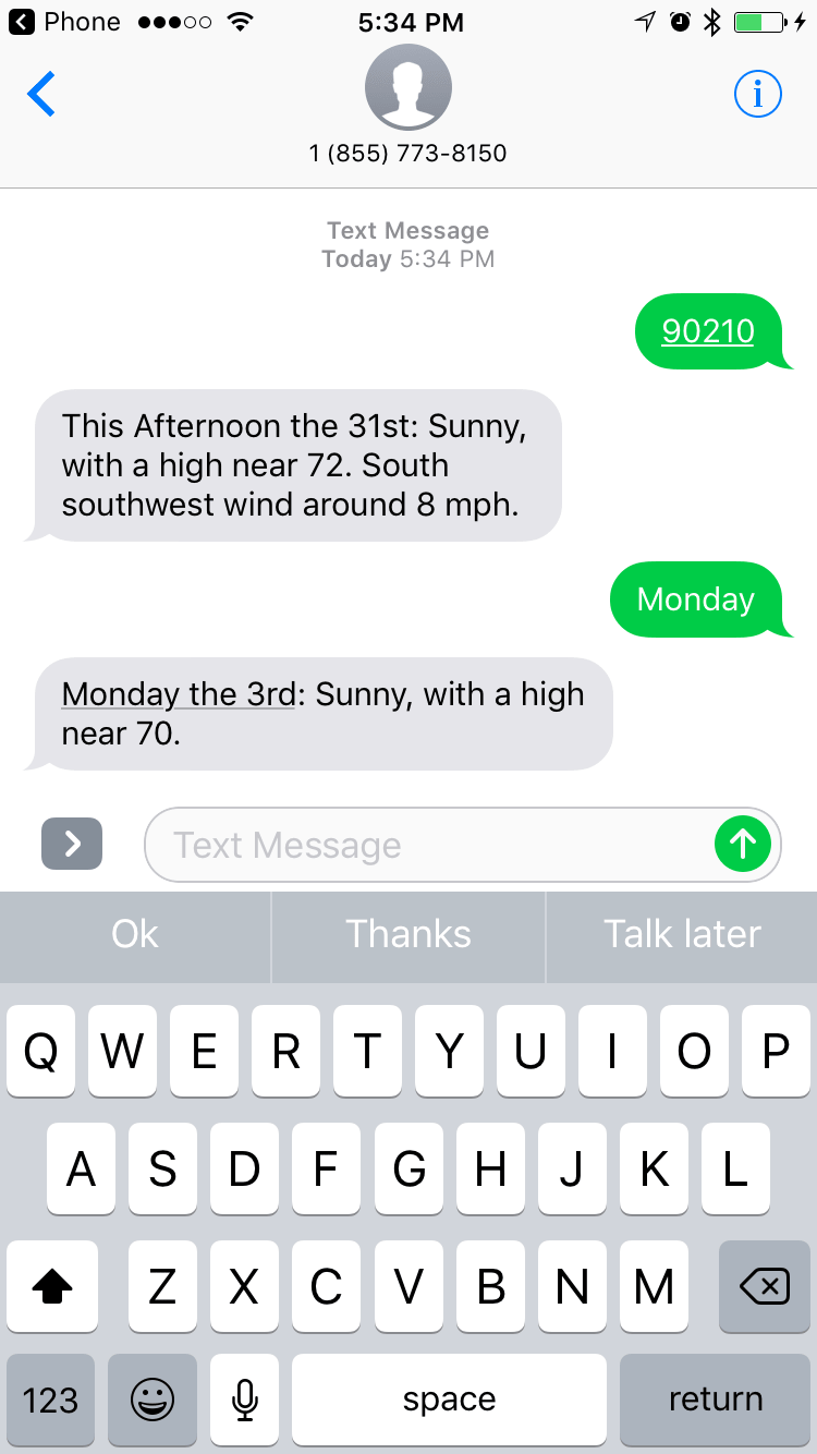 Image of iPhone SMS app with weather of entered day