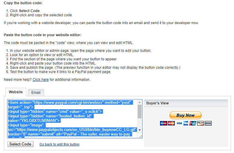 PayPal Button - Select Code