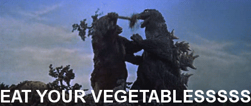 Dinosaurs fighting: "Eat Your Vegetablesssss!"