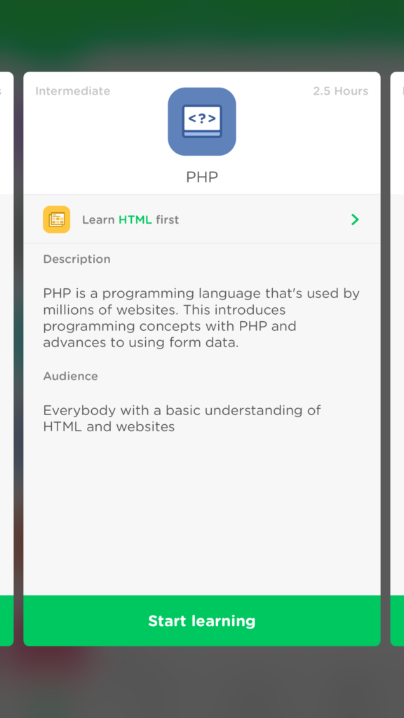 The introduction screen of the PHP course