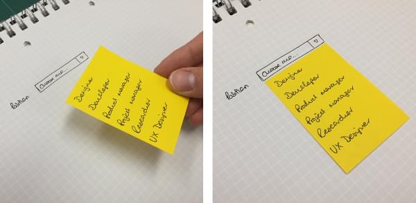 A select box using a sticky note for a drop-down menu