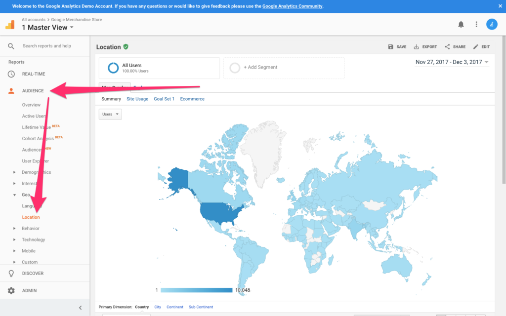 The Location map in Google Analytics