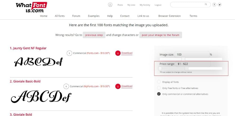 WhatFontIs - Price range selection