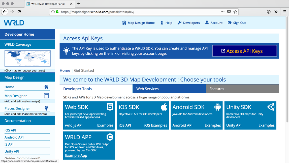 WRLD access API Keys screen